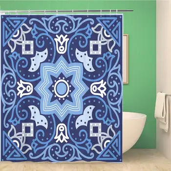 

Bathroom Shower Curtain Portuguese Azulejo Tiles Blue and White Gorgeous Patterns Polyester Fabric 66x72 inches Waterproof Bath