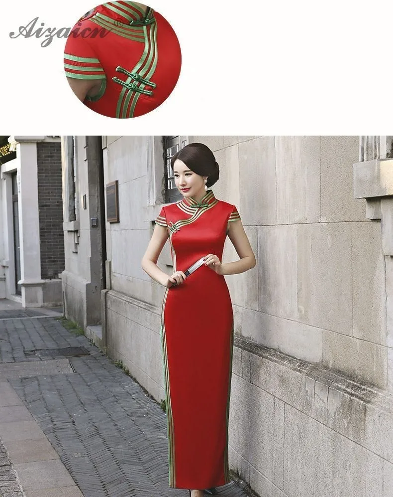 Красное китайское традиционное платье Ципао ретро тонкий длинный Cheongsam современный Chinoise элегантный Qi Pao женский аналогичный шелковый халат