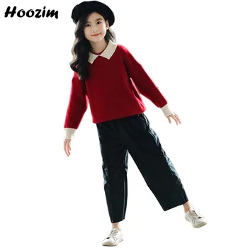 

high street Suit For Girls 4-13 Age Chic Burgundy Knitted Sweater+Wide Leg Pants Set Children European Spring Girls Clothing Set