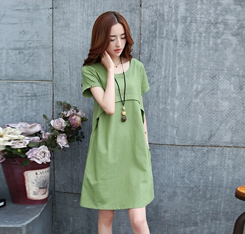 

Net Price 2019 Summer Nursing Clothes Fashion Loose Breathable Cotton Linen Nursing Dress Short Sleeve Pregnant Women Dress