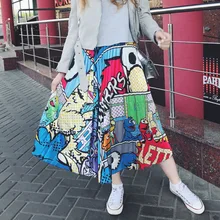 Летние женские миди юбки, корейская мода, женская плиссированная юбка с мультяшным принтом и высокой талией для женщин