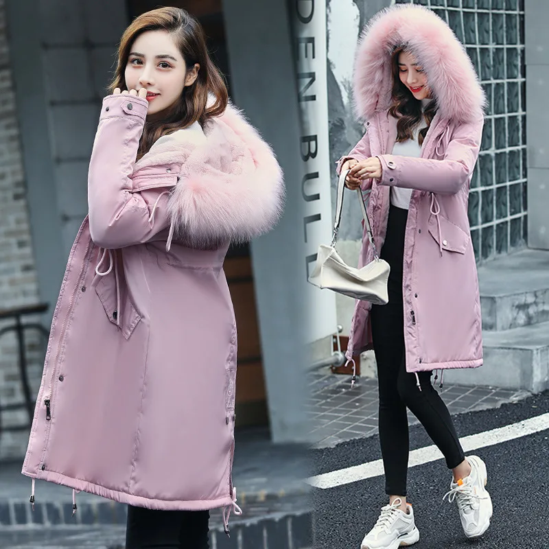 

Parka 2019 Winter New Arrival Korean-style Brushed And Thick Paul Warm Cold Long Large Fur Collar down Feather Cotton Overcoat