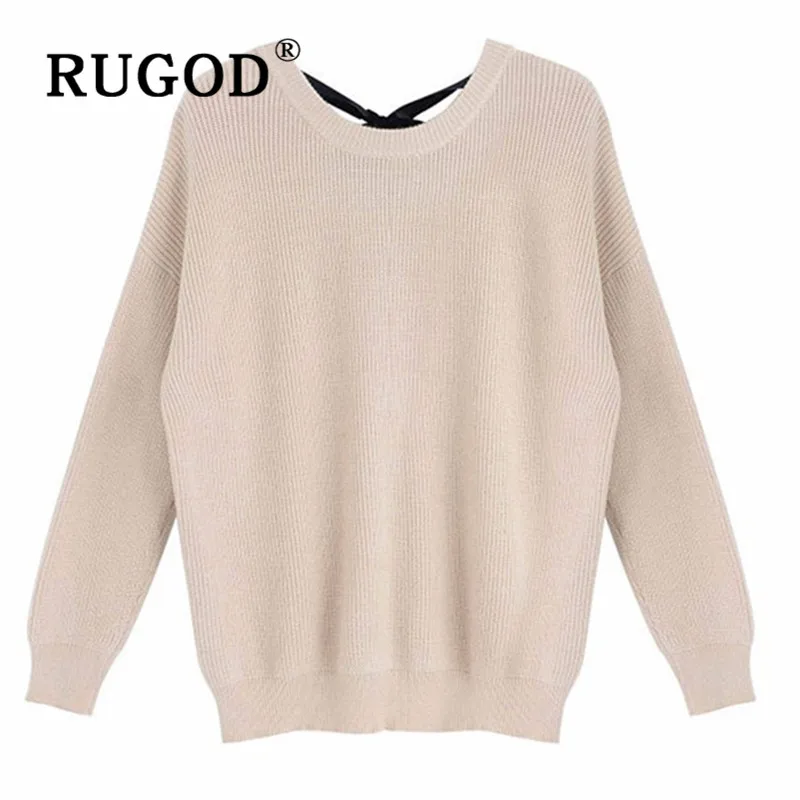 RUGOD, корейский стиль, шикарный свитер с круглым вырезом, женский, Осень-зима, бандаж на спине, длинный рукав, свободные пуловеры, Femme Hiver