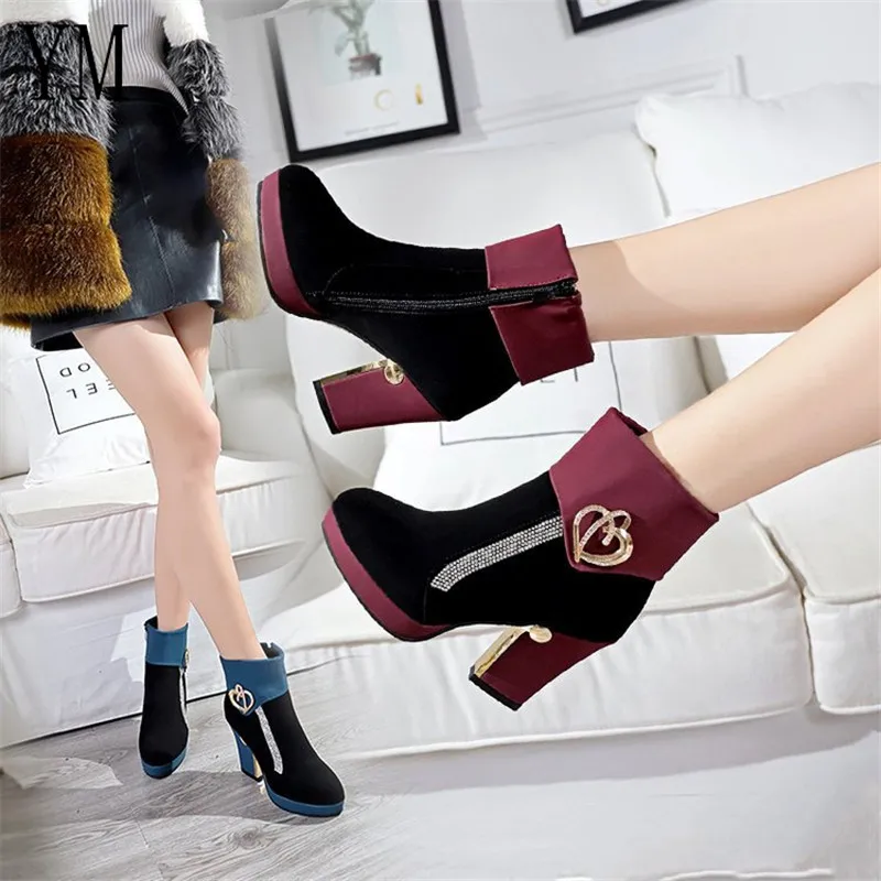 Cena 2019 New Arrivals moda kobiety kostki buty z boku na zamek błyskawiczny na co dzień Faux Suede Patchwork okrągłe Toe grube szpilki szpilki kobieta