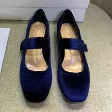 Zapatos de tacón alto de terciopelo azul para mujer, zapatos Mary Jane de tacón grueso con punta cuadrada, de novia, color rojo, para primavera y otoño, 2021