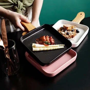 

Simple Matte Ceramic Plate With Wood handle porcelain Dinner Plate Dish Steak Salad Breakfast Tray Fruit Tableware Cake Plates