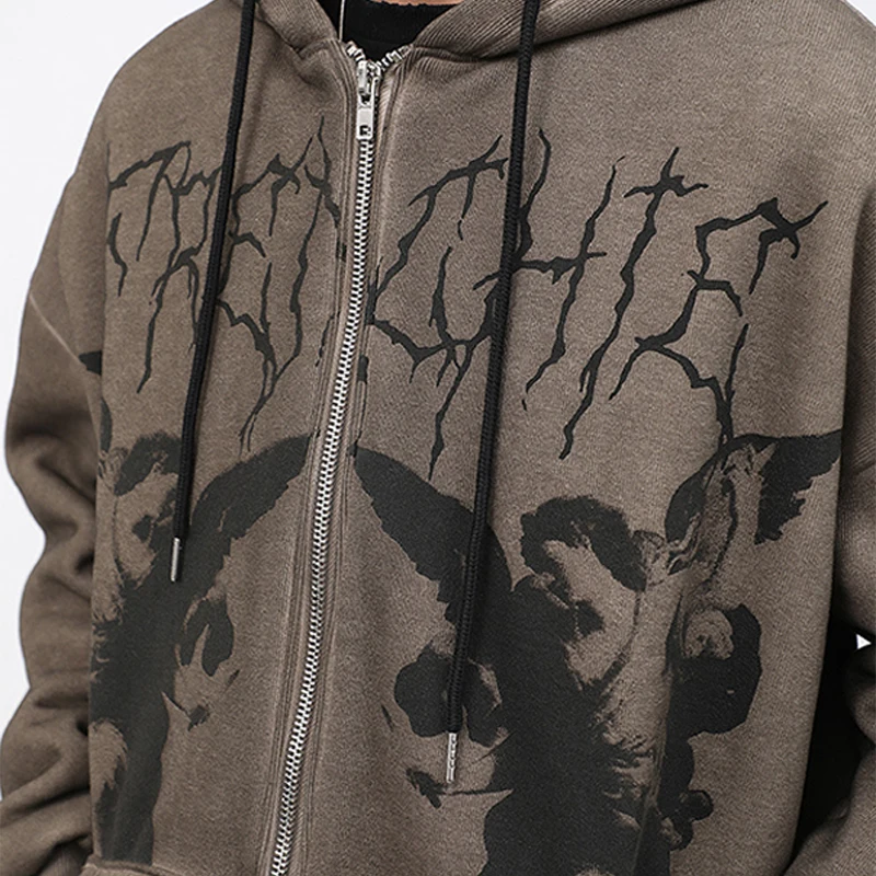 Men's Autumn Clothes Angel Fairy Grunge Dark Print Coat Brown Y2k Gothic Oversized Hoodies Loose Zipper Long Sleeve Jacket M-XXL | Мужская
