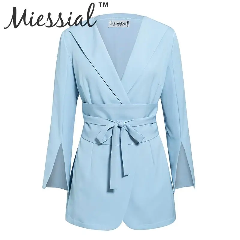 Miessial, синий Блейзер, платье с разрезом, рукав, шнуровка, сексуальный v-образный вырез, элегантное Бандажное пальто, офисный Женский блейзер, куртка, уличная одежда, осень
