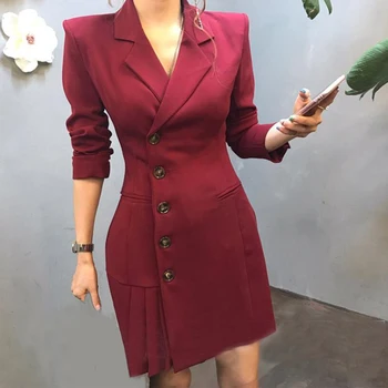 

Pleated Hem Patchwork Blazer Coat For Women High Waist Long Sleeve Slim Female Suits Spring Fashion Korean 2020