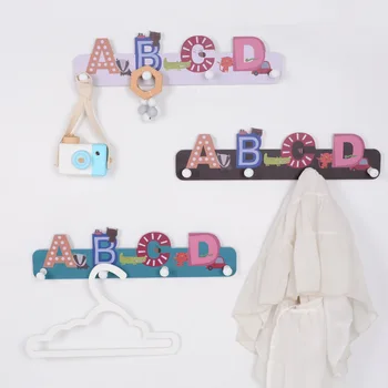 

Child Wood Wall Hook Cartoon Creative ABCD Clothes Rack Self-adhesive Key Bag Storage Rack Home Decoration Nordic Style Coat Hoo