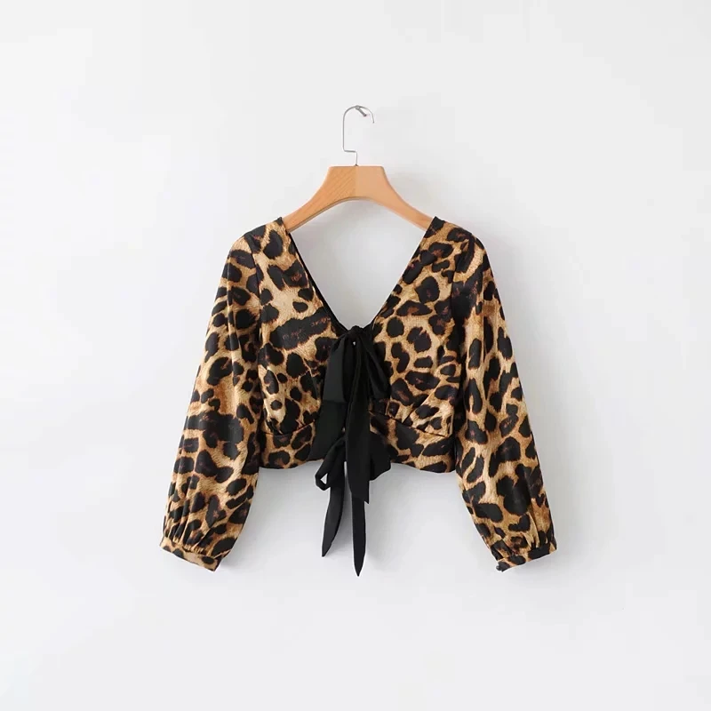 

Leopard Deep V Blouses Shirts Women Summer Bow Short Shirts Tops Women
