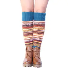 Женские полосатые гетры в этническом стиле, вязаные шерстяные гетры, высокие носки для обуви, Женский вязаный манжет для ботинок, вязаные носки для обуви, гетры