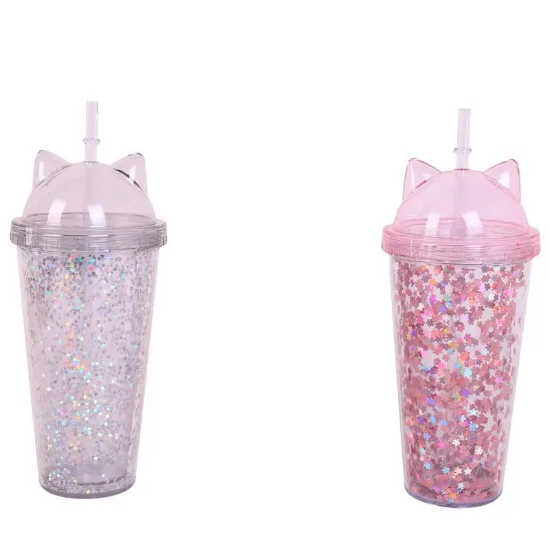Double Layer Pipette Cup With Flash In The Shape Of Cat's Ear Candy Colors Tea Juice Coffee With Lid Straw Water Bottle Cups