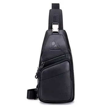 Men's Sling Chest Bag Genuine Cowhide Leather Crossbody Shoulder Bag Leisure Out-door Travel Sport Function Pack