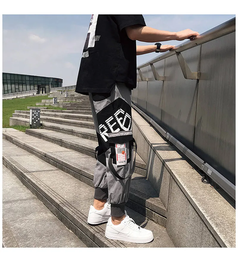 Pockets Cargo Pants Men Letter Embroidery Hip Hop Harem Joggers Color Patchwork Track Trousers Man Skateboard Streetwear Pants