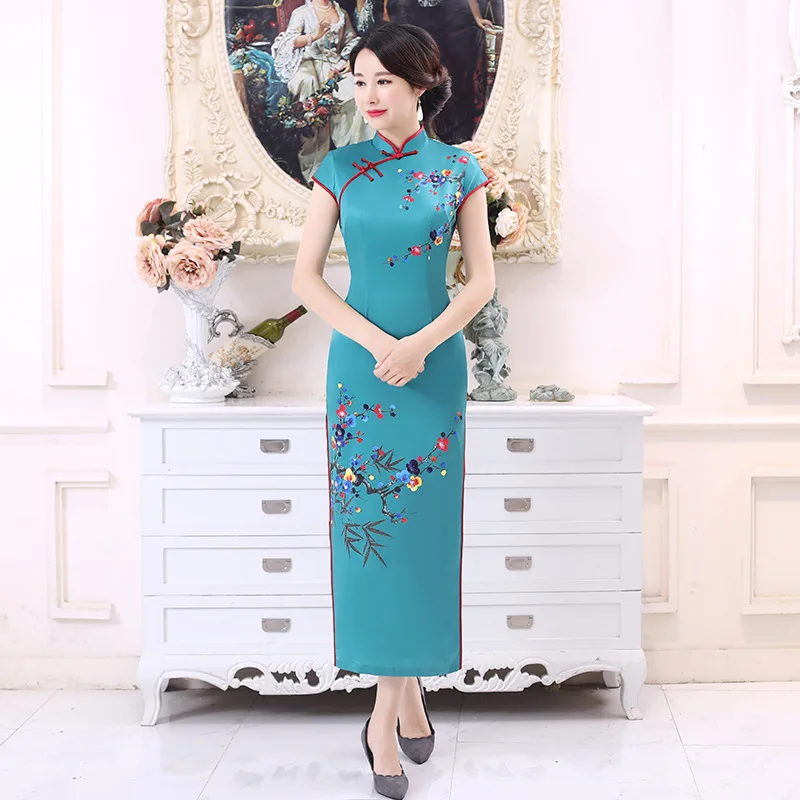 Синий цветок Cheongsam современный Femme элегантный тонкий длинный Qi Pao для женщин Китайская традиционная одежда платье Qipao аналогичный шелковый халат - Цвет: Jadeite Green C0173