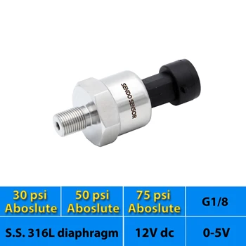 

30 50 75 psi aboslute, pressure sensor, 12 V, 24 Vdc input, 0 5V output, thread G 1 8 inch, stainless steel 316L diaphragm, IP65