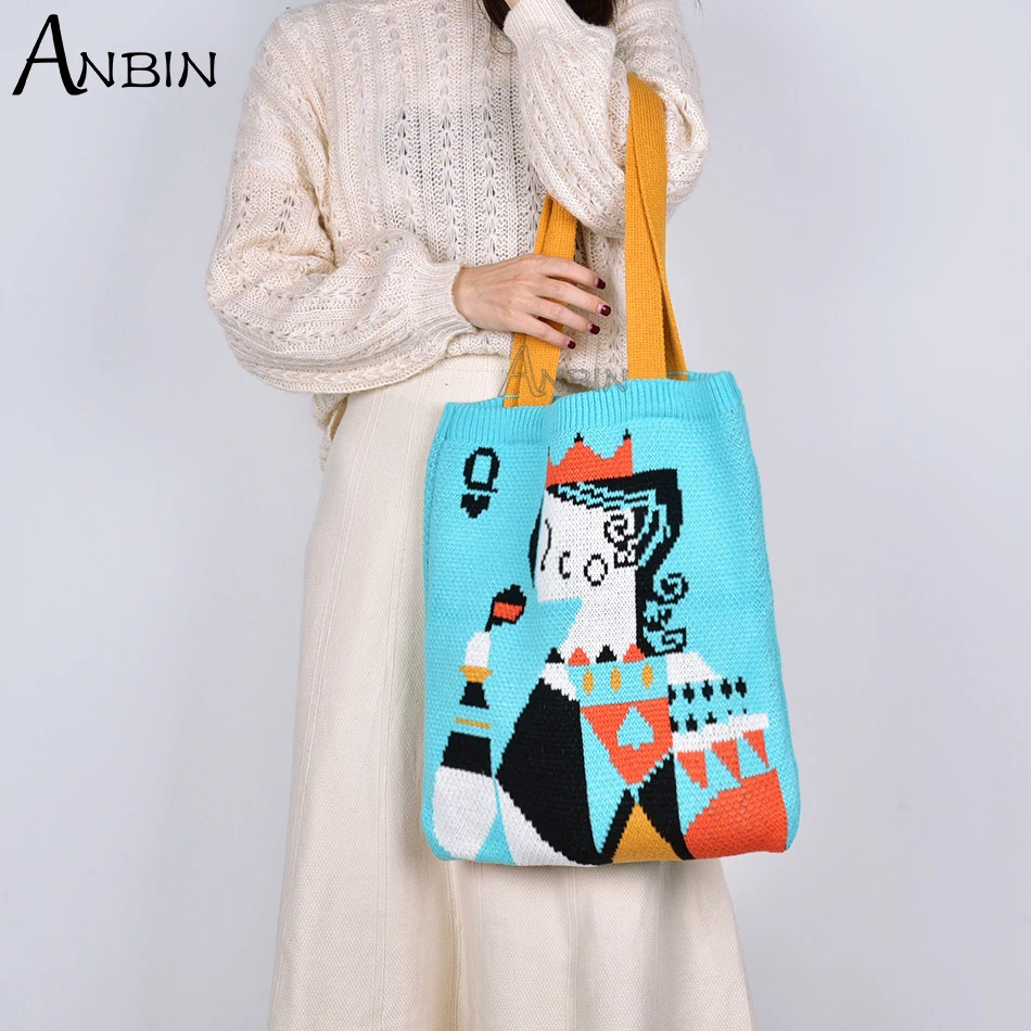 

Женская сумка через плечо, модная мультяшная вязаная крючком шерстяная жаккардовая плетеная винтажная Сумка-тоут, вместительная складная сумка для покупок