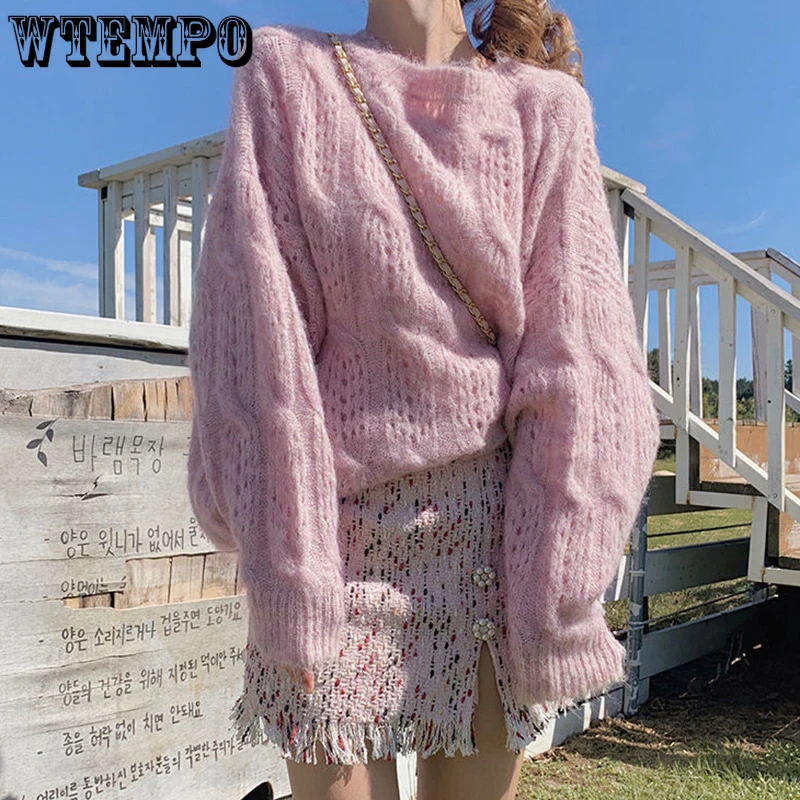 Pink Hollow Pullover Sweater Women\'s Spring Outer Wear Loose Loose Lazy Style Sweet Thin Knit Sweater Autumn