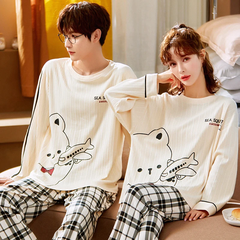 silk pajamas Couple Autumn Winter Long Sleeve Pullover Pajamas Cotton Plus Size Lovers Plaid Pants Homewear Cartoon Green Dinosaur Sleepwear mens plaid pajama pants Men's Sleep & Lounge