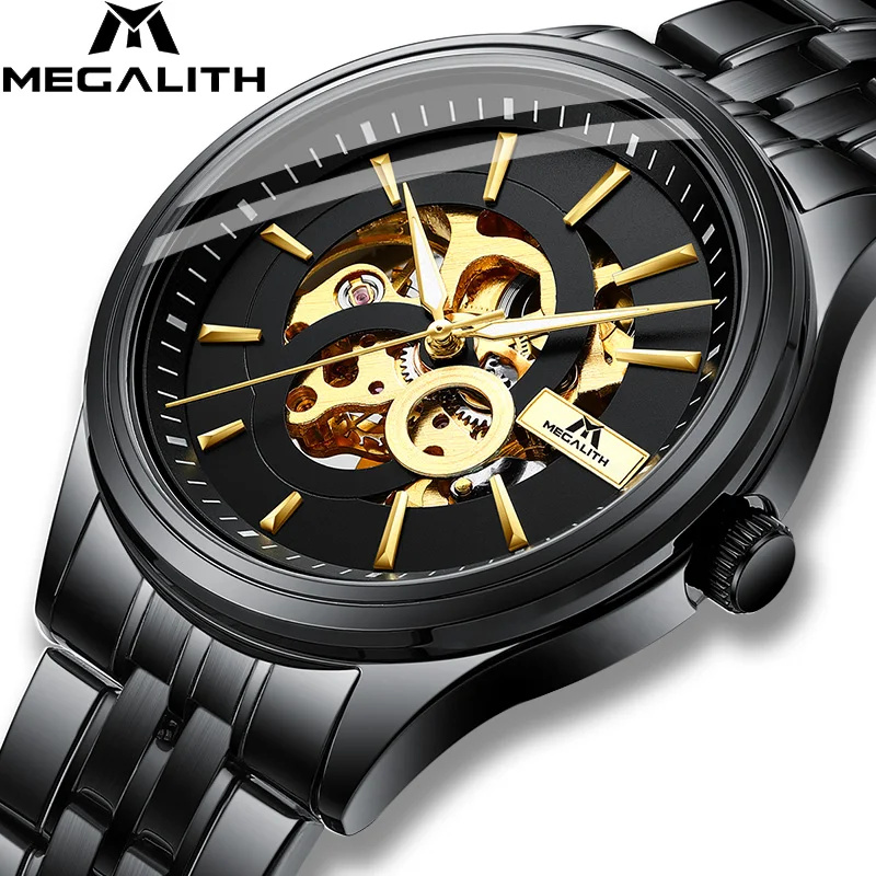 

MEGALITH Luxury Men Watches Montre Homme Automatic Mechanical Watch Analog Waterproof Stainless Steel Strap Black Watch 8079