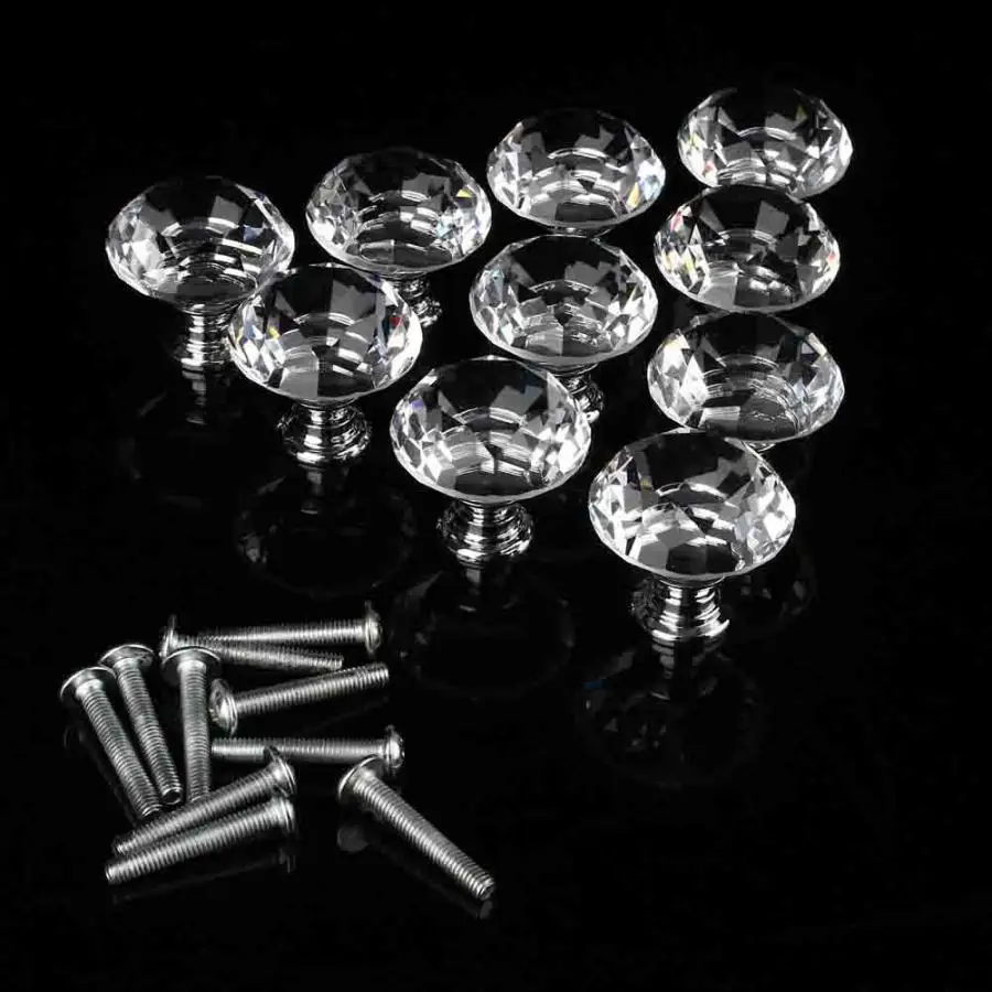 10pcs 30mm Crystal Glass Cabinet Knobs Drawer Cupboard Wardrobe