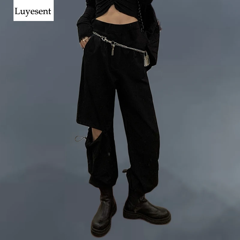 Black Cool Women Cargo Pants Lady Punk Stretch Waist Drawstring Shir One Side Hollow Out Rock Outdoor Sport Ankle-Length Trouser
