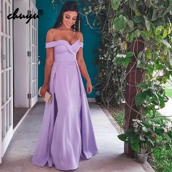 

Lilac Muslim Evening Dress Off the Shoulder Detachable Simple Islamic Dubai Saudi Arabic Evening Gown Prom Dress