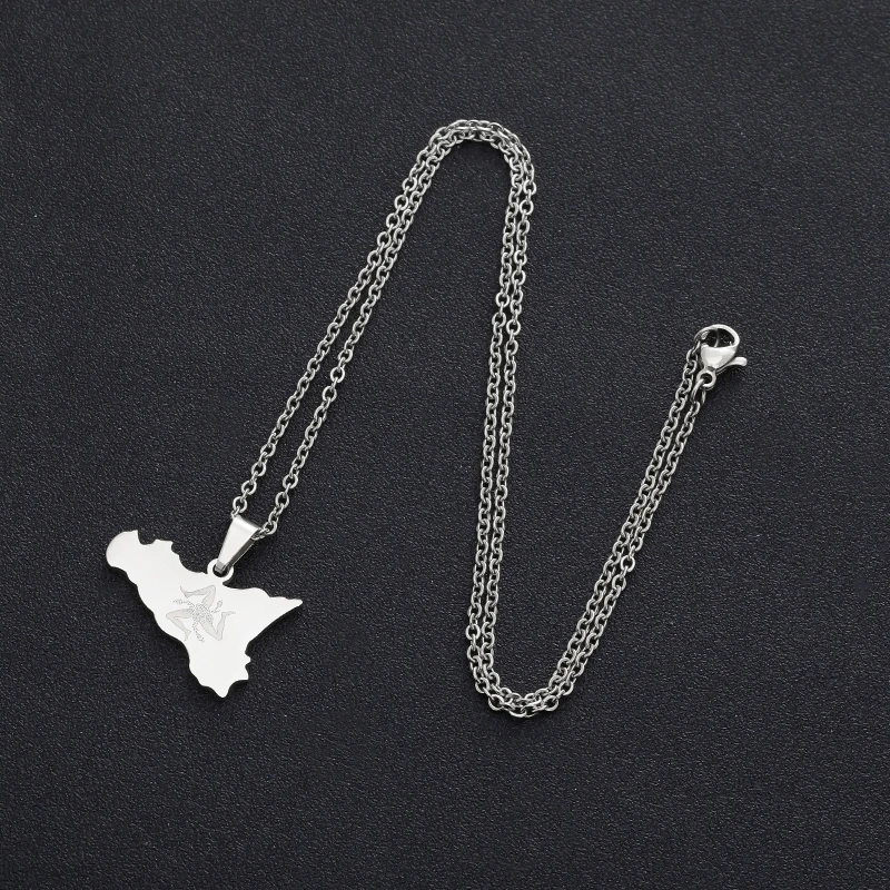 Italy Sicily Map Flag Pendant Necklace for Women Men Stainless Steel Gold Color / Silver Color Ethnic Anniversary Party Jewelry