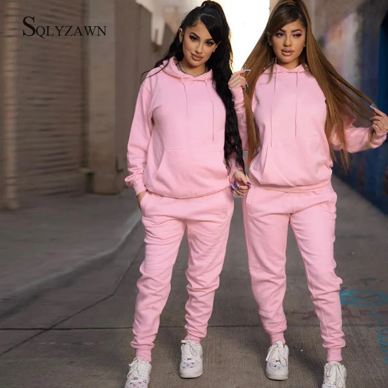 Solid Tracksuit 2pcs Women Set Hoodies 