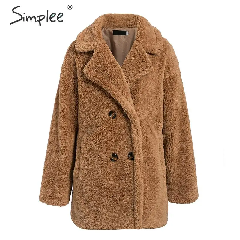 

Simplee Faux fur women coat Autumn winter plus size button pockets soft female fur jacket coat Plush ladies outwear teddy coat