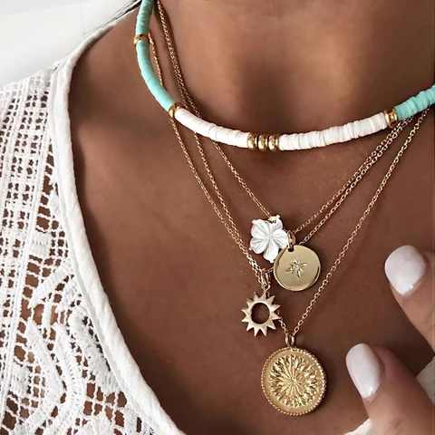 Multi-layer Moon Star Sun Flower Necklace For Women Girls Boho Collar Choker Necklace Heishi Summer Beach Surf Jewelry
