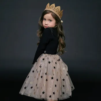 

2020 New Spring/Autumn New Girl Dress Korean Style Long Sleeve Cotton Top Star Mesh Princess Dress