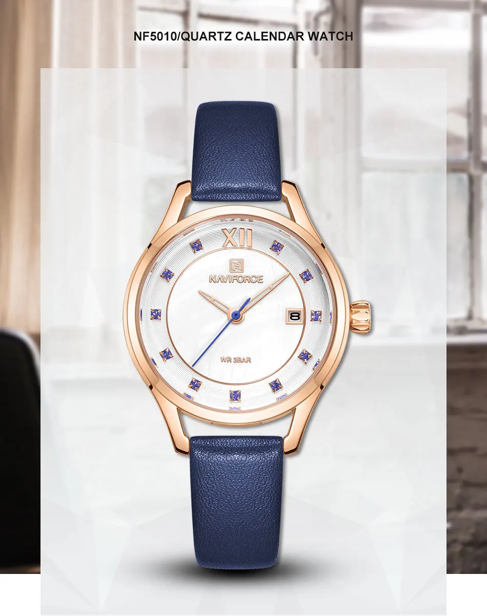 NAVIFORCE модные часы Iced Out водонепроницаемые Роскошные Кварцевые женские часы синий кожаный браслет бриллиантовые римские цифры Женские часы