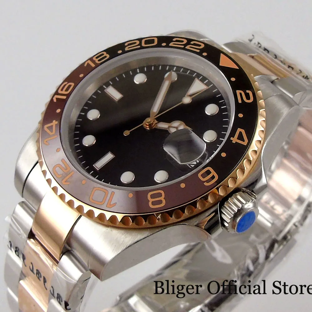 BLIGER Nologo Black Mechanical Men Watch 21 Jewels MIYOTA 8215 24 Jewels NH35 Two Tone Rose Gold Oyster Strap Ceramic Insert