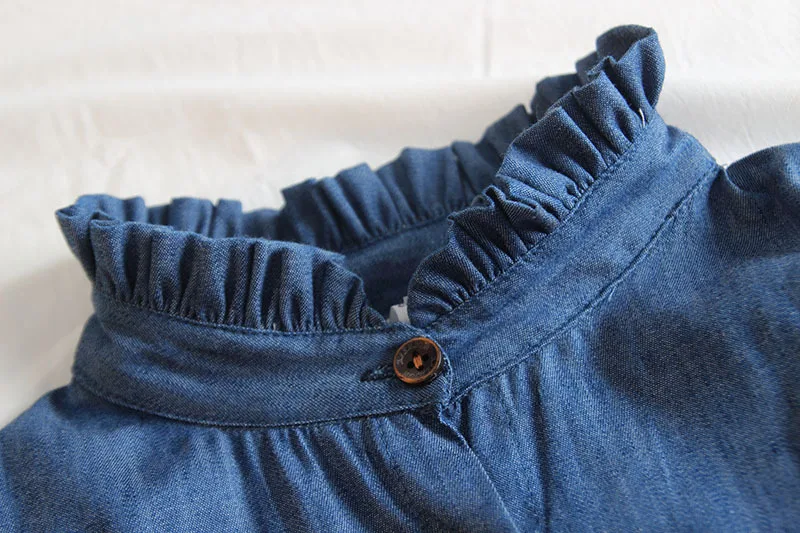 Новая стильная Осенняя джинсовая Блуза для девочек Детская рубашка в Корейском стиле с вышитыми цветами детский топ с кружевным воротником