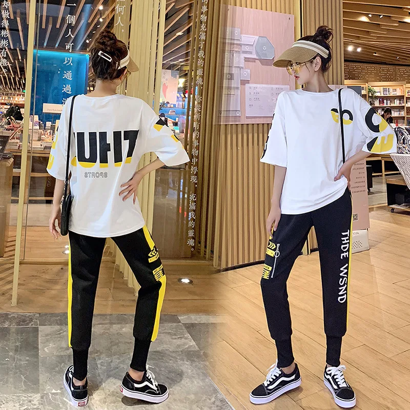 

Photo Shoot New Style 2019 Summer Hip Hop Fashion Leisure Sports Suit Loose-Fit Western Style T-shirt Handsome Two-Piece Set