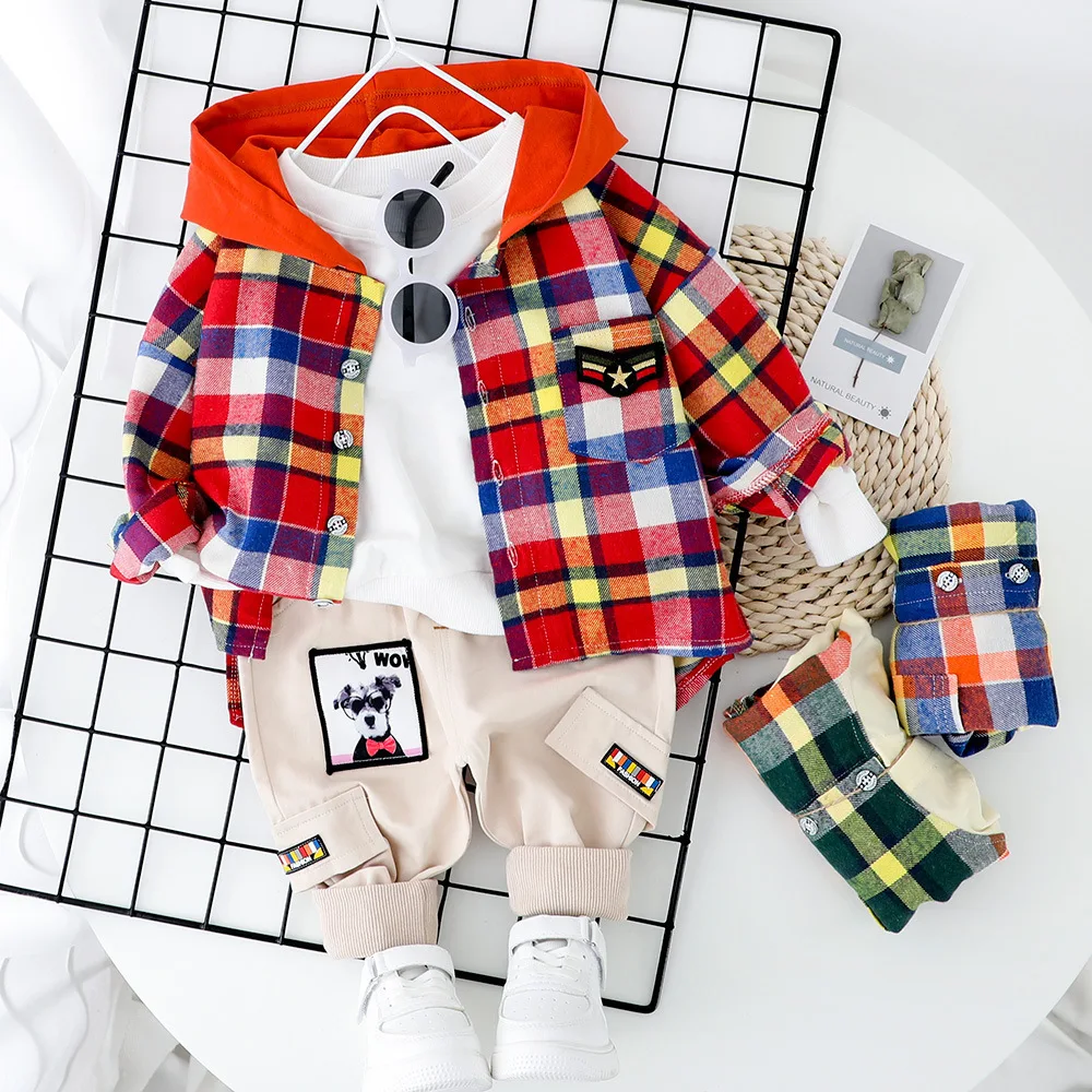 

Childrenswear BOY'S Spring And Autumn 2020 Children Baby Plaid Hooded Long-sleeved Shirt Cardigan Suit