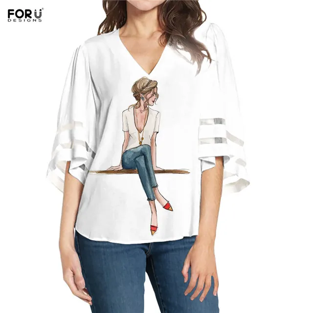 FORUDESIGNS,, для молодых девушек, с принтом, женская блузка, модная одежда, глубокий v-образный вырез, сексуальные шифоновые топы, сетчатая панель, свободная блузка - Цвет: HMC3024B3