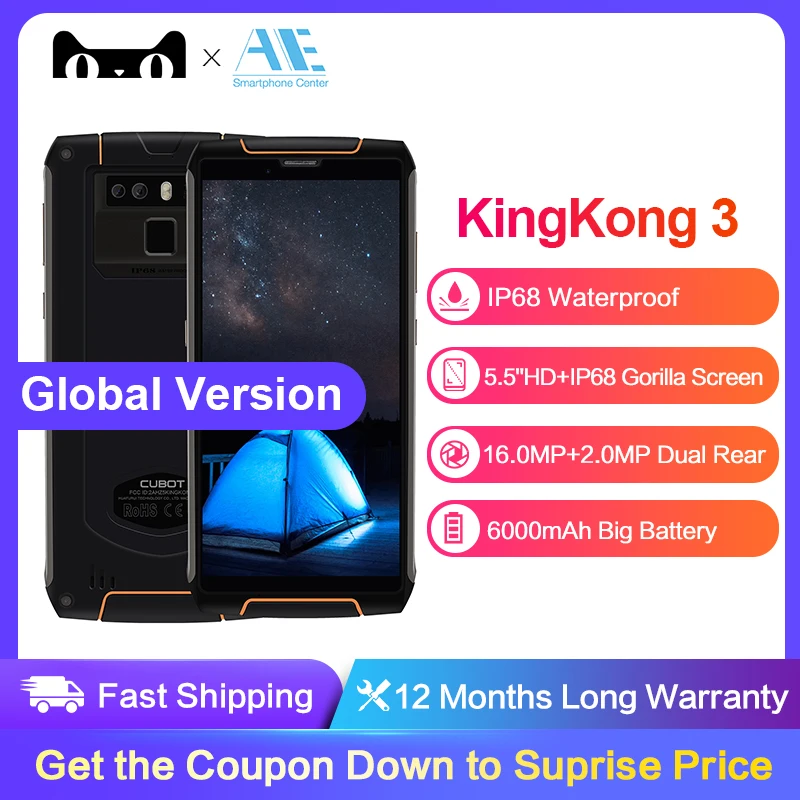 Cubot KingKong 3 IP68 водонепроницаемый смартфон 4 Гб 64 ГБ Android 8,1 MT6763T Восьмиядерный сотовый телефон 5,5 ''18:9 6000 мАч Быстрая зарядка 16 МП