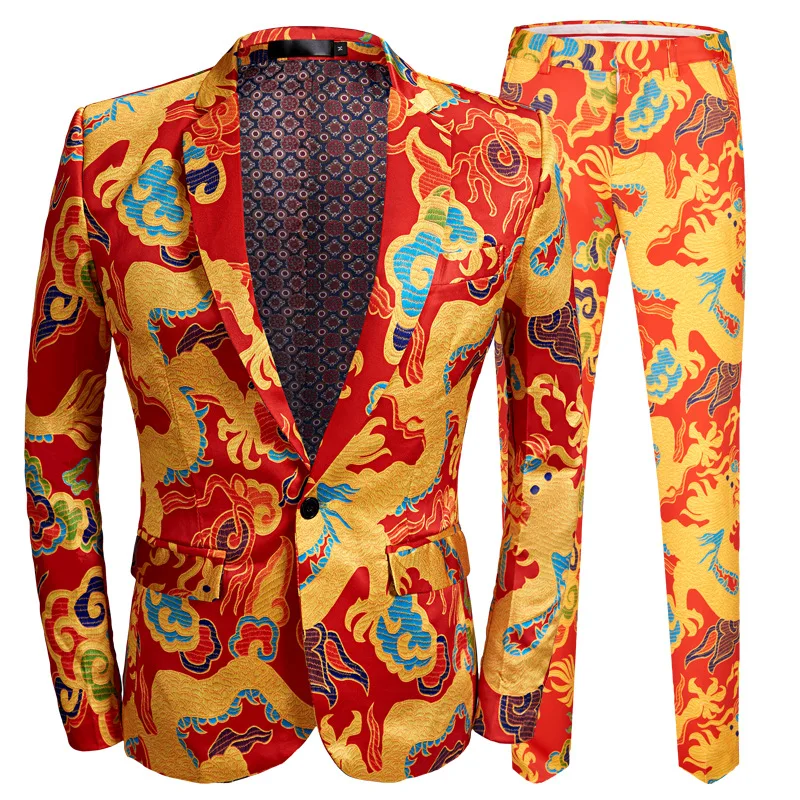 34.1     2、单扣、89.99、New Chinese Style Red Dragon Print Suit Men Stage Singer Wear 2 Pieces Set Slim Fit Wedding Tuxedo Costume Homme