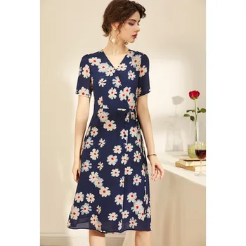 

Summer Dress 100% Silk Printed 2020 New V-Neck Short Sleeved Slim Lace-up Waist Elegant A-Line Dress Midi Navy Blue S-XL