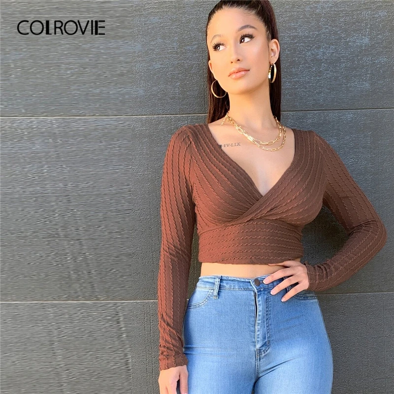 

COLROVIE Rust Brown Surplice Neck Cable Knit Crop Top Women Autumn Long Sleeve Solid T-shirt Slim Fit Elegant Tops