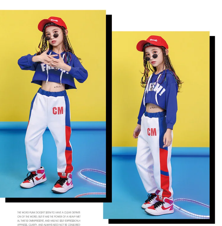 Крутая детская одежда в стиле хип-хоп Синяя толстовка с капюшоном короткий топ, белые повседневные штаны для бега для девочек, танцевальные
