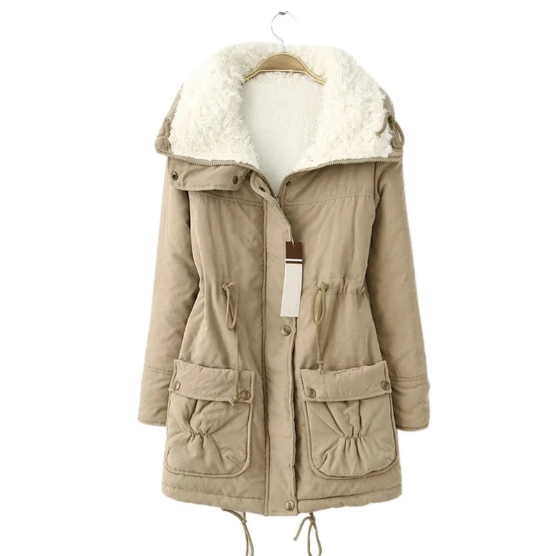 Khaki CALOFE зимнее пальто для женщин, модная брендовая Свободная верхняя одежда, Женская Стеганая куртка средней длины, стеганая хлопковая парка размера плюс - Цвет: Khaki