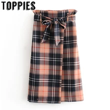 Винтажная клетчатая юбка Женская корейская мода Высокая талия прямые юбки на шнуровке с поясом уличная одежда