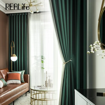

High-end Luxury European Green & Grey Splicing Blackout Curtains for Living Room Grid Jacquard Window Curtain Bedroom REALife