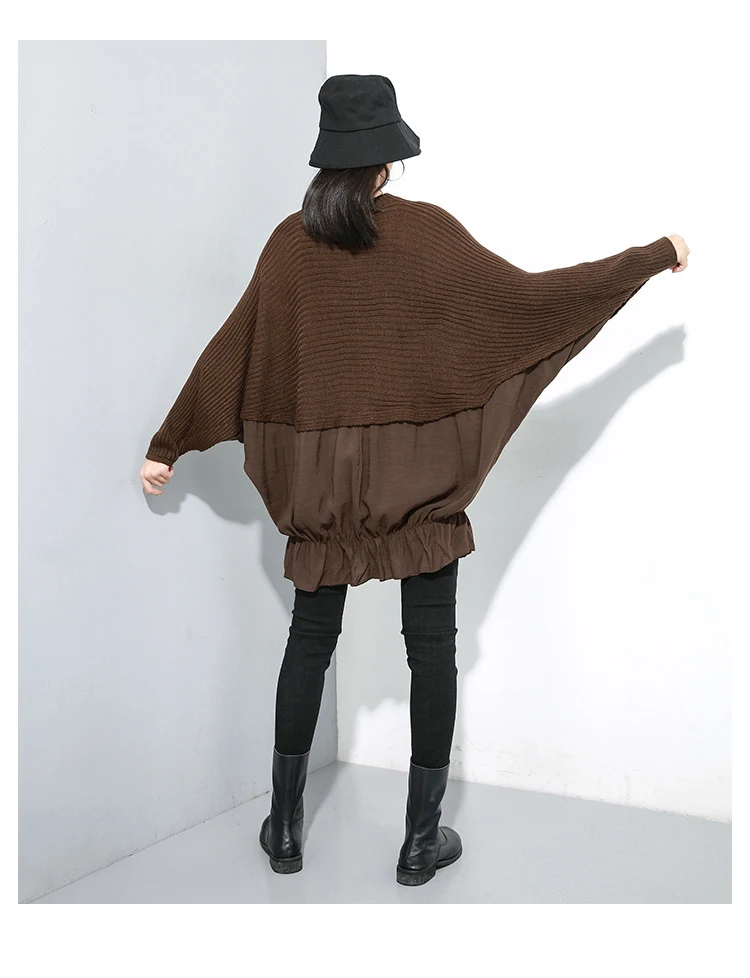 Новинка, корейский стиль, женский зимний Повседневный коричневый и черный вязаный свитер, рукав летучая мышь, Женский обтягивающий свитер большого размера, джемпер J266