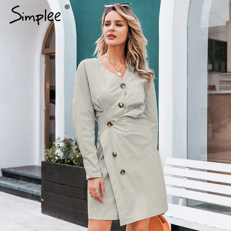 Simplee женское v-образным вырезом sexy платье A-Line летучие мыш пуговицы женский платье Твердого хлопка осень-зима офис леди платье2019