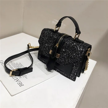 

Hand Bags for Women 2020 Chain Crossbody Bag Fashion Sequin Flap Small Handbag High Quality PU Leather Shoulder Bag White Black